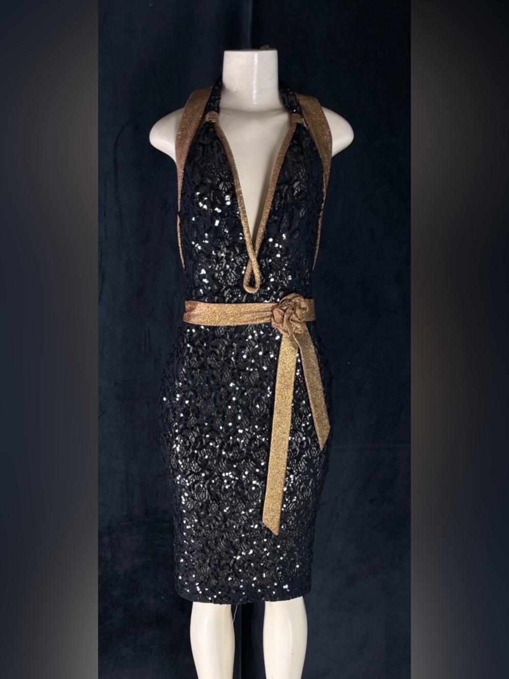 Black Sequin Midi Dress with Gold Trim and Belt